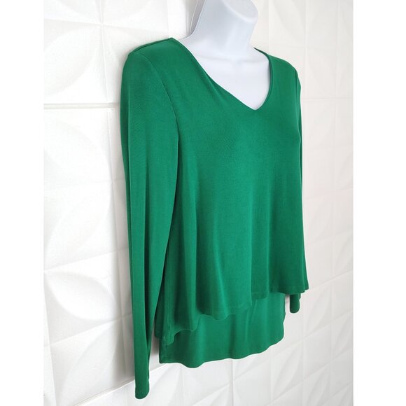 Green Stretch Knit Top Long Sleeve V-Neck Trapeze Double Layer XS Kettlewell - Picture 2 of 9